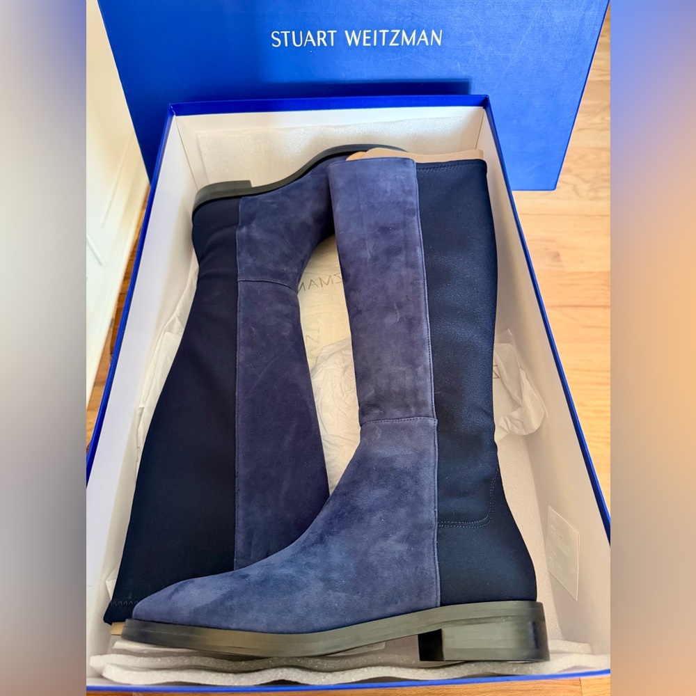 Stuart Weitzman Blue Suede Knee High Boots New with Box & Bag
